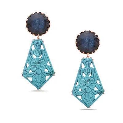 Artisan Women's Rose Gold / Blue Carved Chrysocolla & Labradorite Gemstone Dangle Earrings In 14k Rose Gold