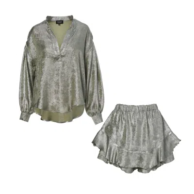 Bluzat Women's Silver Mint - Metallic Set With Blouse And Ruffled Pants With Skirt