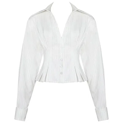 Miss Circle New York Women's Sylvia White Pinstripe Deep V Pleated Shirt