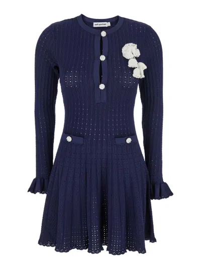 Self-portrait Abito Mini Navy Pointelle Knit Crochet Flower In Blue