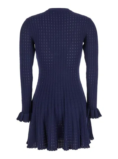 Self-portrait Abito Mini Navy Pointelle Knit Crochet Flower In Blue