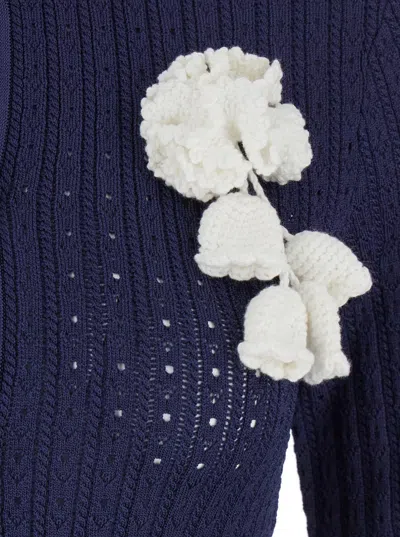 Self-portrait Abito Mini Navy Pointelle Knit Crochet Flower In Blue