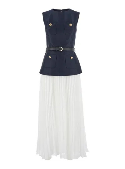 Self-portrait Womens Pleated Sleeveless Woven Midi Dress Blue In Blue