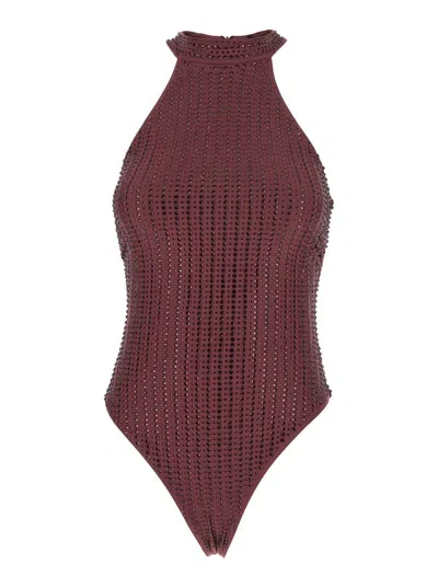 Venuja High-neck Embellished Swimsuit In Burgundy