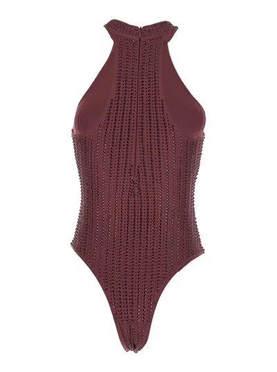 Venuja High-neck Embellished Swimsuit In Burgundy