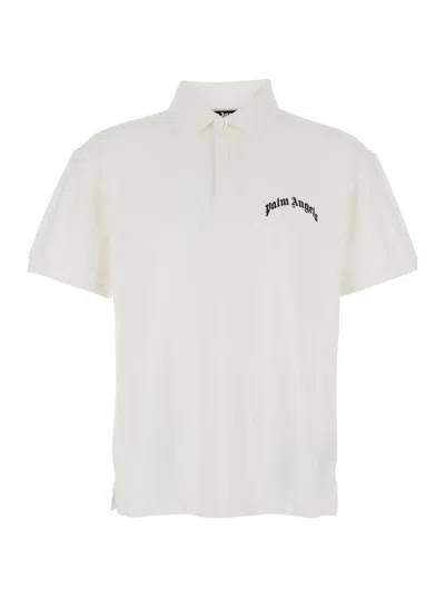 Palm Angels White Polo Shirt With Classic Collar And Logo On The Front In Metallic