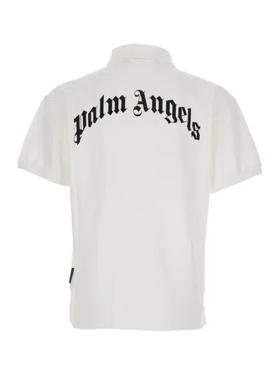 Palm Angels White Polo Shirt With Classic Collar And Logo On The Front In Metallic