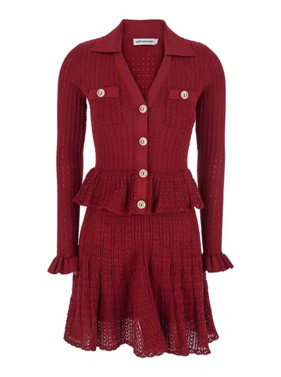 Self-portrait Self Portrait Women Burgundy Pointelle Knit Long-sleeved Mini Dress In Burgundy