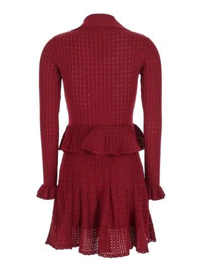 Self-portrait Self Portrait Women Burgundy Pointelle Knit Long-sleeved Mini Dress In Burgundy