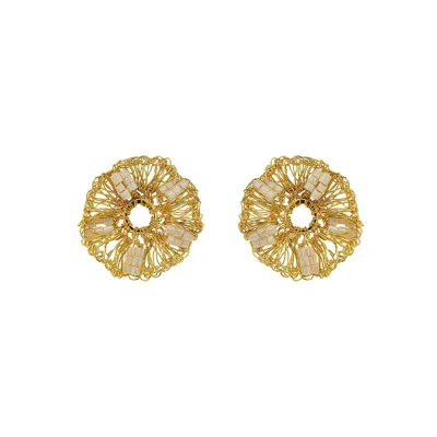 Lavish By Tricia Milaneze Women's Neutrals / Gold / White Pearl & Gold Gaia Post Handmade Crochet Earrings