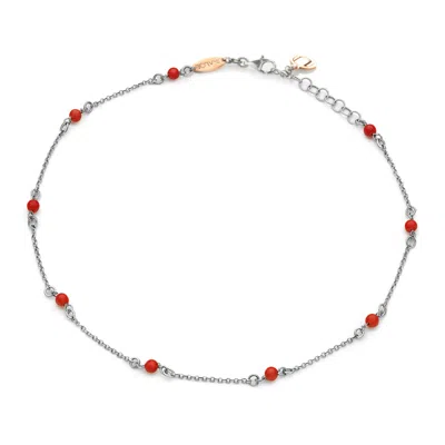 Unaloe Men's Silver / Red Sterling Silver Chain Necklace With Natural Red Coral