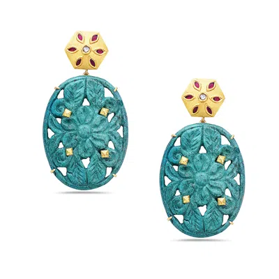 Artisan Women's Blue / Pink / Gold Carved Turquoise & Ruby Gemstone Bezel Diamond Dangle Earrings In Gold