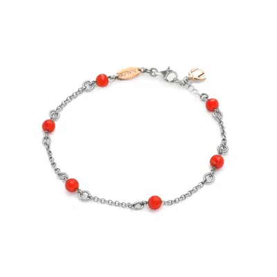 Unaloe Women's Silver / Red Sterling Silver Chain Bracelet With Natural Red Coral