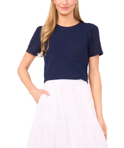 Cece Flutter Sleeve Plissé Top In Blue