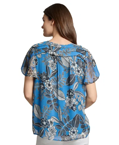 Jones New York Petite Short Sleeve Popover Shirred Neck Top In Blue
