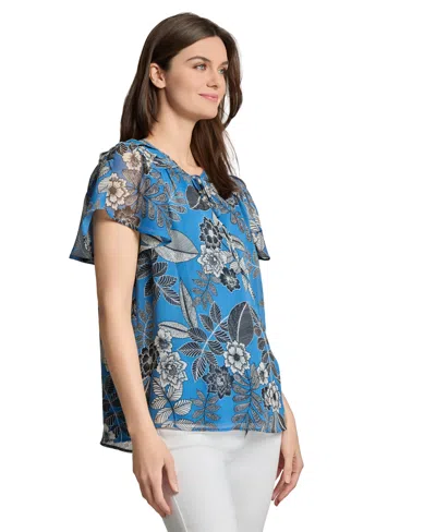 Jones New York Petite Short Sleeve Popover Shirred Neck Top In Blue