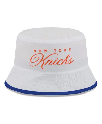 New Era Men's White/blue New York Knicks 2025 Nba Draft Nylon Bucket Hat