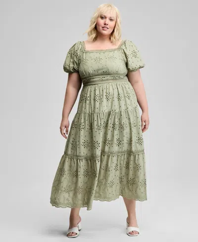 And Now This Trendy Plus Size Eyelet Embroidered Cotton Puff-sleeve Maxi Dress, Exclusively At Macy's