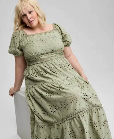 And Now This Trendy Plus Size Eyelet Embroidered Cotton Puff-sleeve Maxi Dress, Exclusively At Macy's
