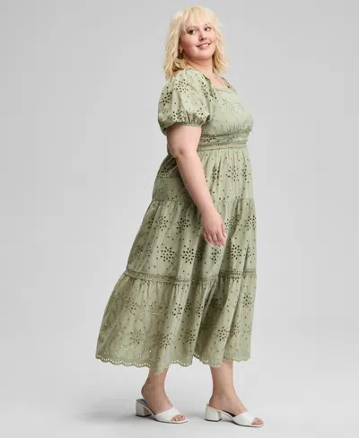 And Now This Trendy Plus Size Eyelet Embroidered Cotton Puff-sleeve Maxi Dress, Exclusively At Macy's