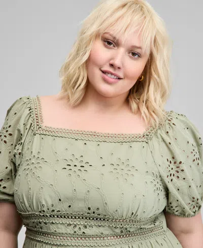 And Now This Trendy Plus Size Eyelet Embroidered Cotton Puff-sleeve Maxi Dress, Exclusively At Macy's