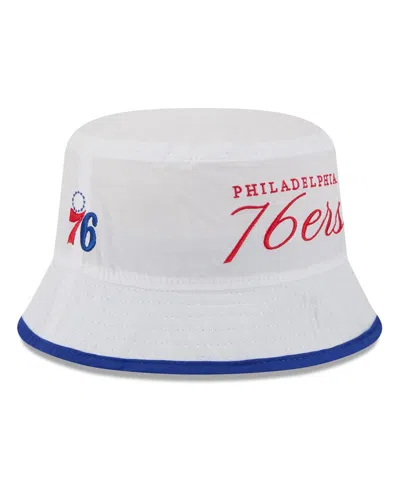New Era Men's White/royal Philadelphia 76ers 2025 Nba Draft Nylon Bucket Hat