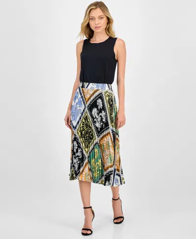 T Tahari Women's Printed Pull-on Pleated Midi Skirt