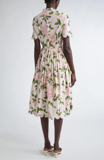 Oscar De La Renta English Rose Print Stretch Cotton Belted Dress