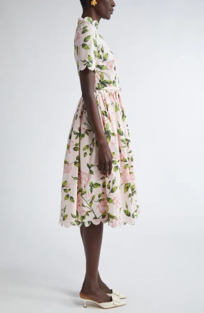 Oscar De La Renta English Rose Print Stretch Cotton Belted Dress