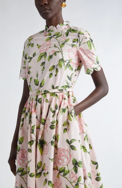 Oscar De La Renta English Rose Print Stretch Cotton Belted Dress