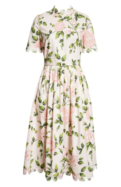 Oscar De La Renta English Rose Print Stretch Cotton Belted Dress