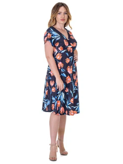 24seven Comfort Apparel Petites Tulip Print V Neck Empire Waist Kimono Cap Sleeve Knee Length Dress In Blue