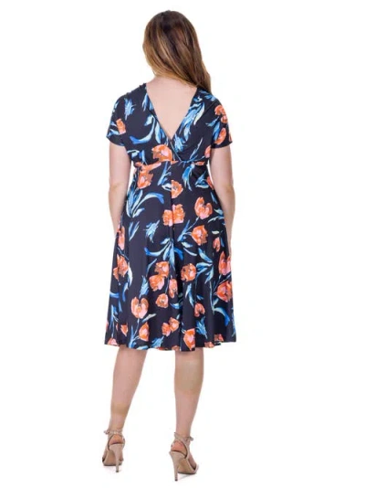 24seven Comfort Apparel Petites Tulip Print V Neck Empire Waist Kimono Cap Sleeve Knee Length Dress In Blue