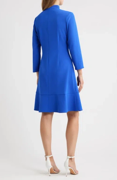 Ming Wang Long Sleeve Stretch Crepe Fit & Flare Dress In Blue