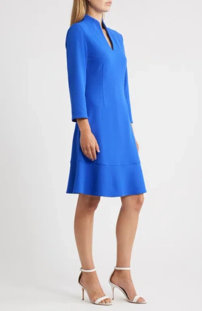 Ming Wang Long Sleeve Stretch Crepe Fit & Flare Dress In Blue