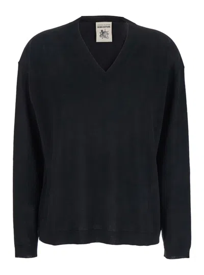 Semicouture Black Sweater With V Neck And Ribbed Trims In Wool Woman In Black