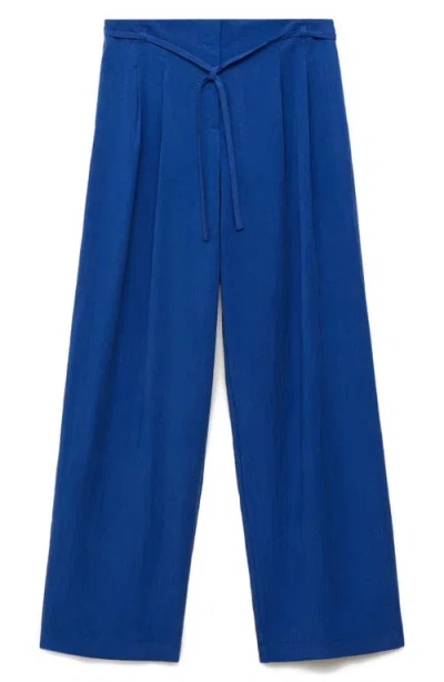 Mango Tie Belt Wide Leg Pants In Blue