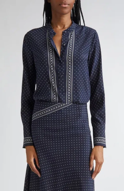 Veronica Beard Johnson Mixed Print Stretch Silk Button-up Shirt In Blue