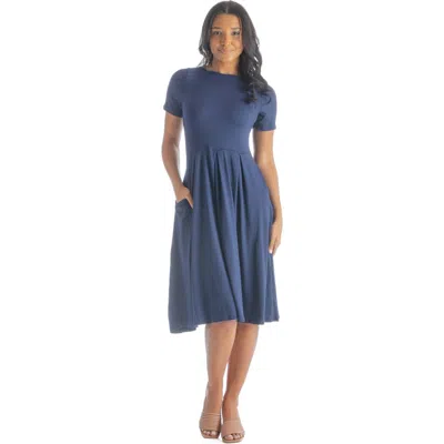 24seven Comfort Apparel Petites Midi Dress With Short Sleeves And Pocket Detail In Blue