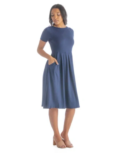 24seven Comfort Apparel Petites Midi Dress With Short Sleeves And Pocket Detail In Blue