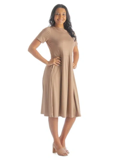 24seven Comfort Apparel Petites Midi Dress With Short Sleeves And Pocket Detail In Brown