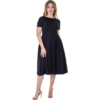 24seven Comfort Apparel Petites Midi Dress With Short Sleeves And Pocket Detail In Black
