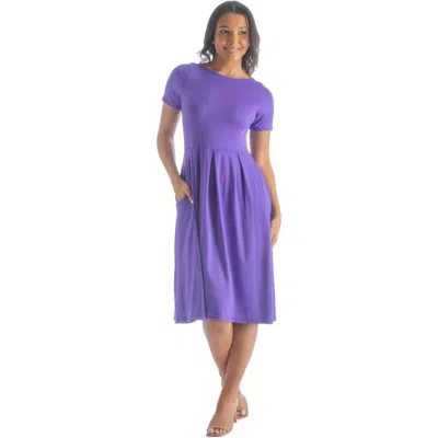 24seven Comfort Apparel Petites Midi Dress With Short Sleeves And Pocket Detail In Purple