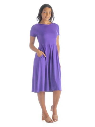 24seven Comfort Apparel Petites Midi Dress With Short Sleeves And Pocket Detail In Purple