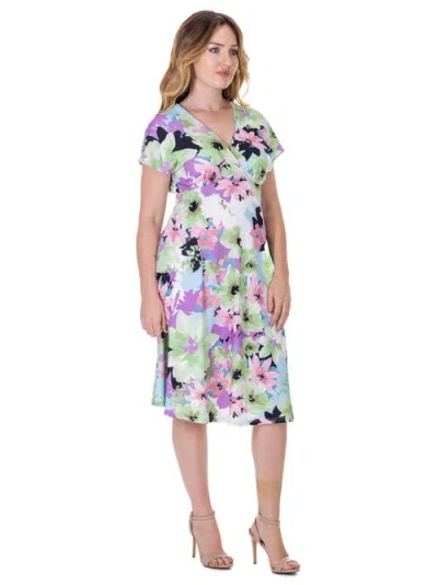 24seven Comfort Apparel Petites Floral Print V-neck Empire Waist Kimono Cap Sleeve Knee Length Dress In Multi