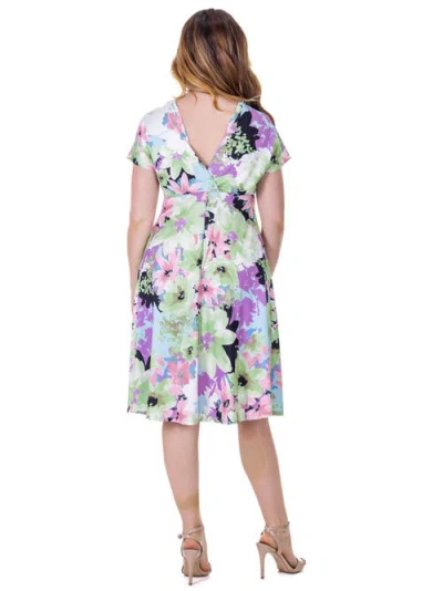 24seven Comfort Apparel Petites Floral Print V-neck Empire Waist Kimono Cap Sleeve Knee Length Dress In Multi
