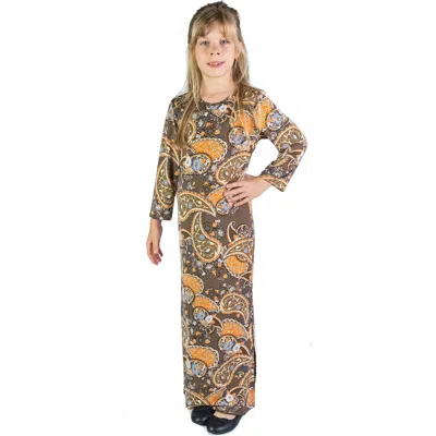 24sevenkid Brown Fall Print Long Sleeve Side Slit Maxi Dress