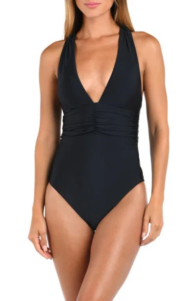 Sunshine 79 Solids Ruched Plunge One-piece Swimsuit In Black
