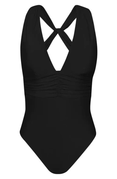 Sunshine 79 Solids Ruched Plunge One-piece Swimsuit In Black