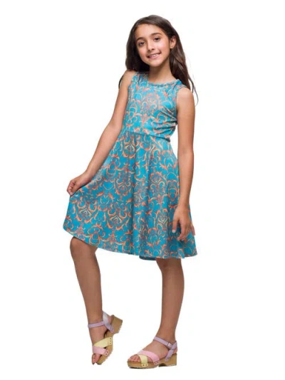 24sevenkid Sky Blue And Orange Print Fit And Flare Dress